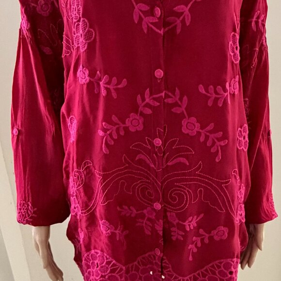 Johnny Was Red Embroidered Eyelet Cupra Rayon V Neck Boho Tunic 2X? - Picture 3 of 10